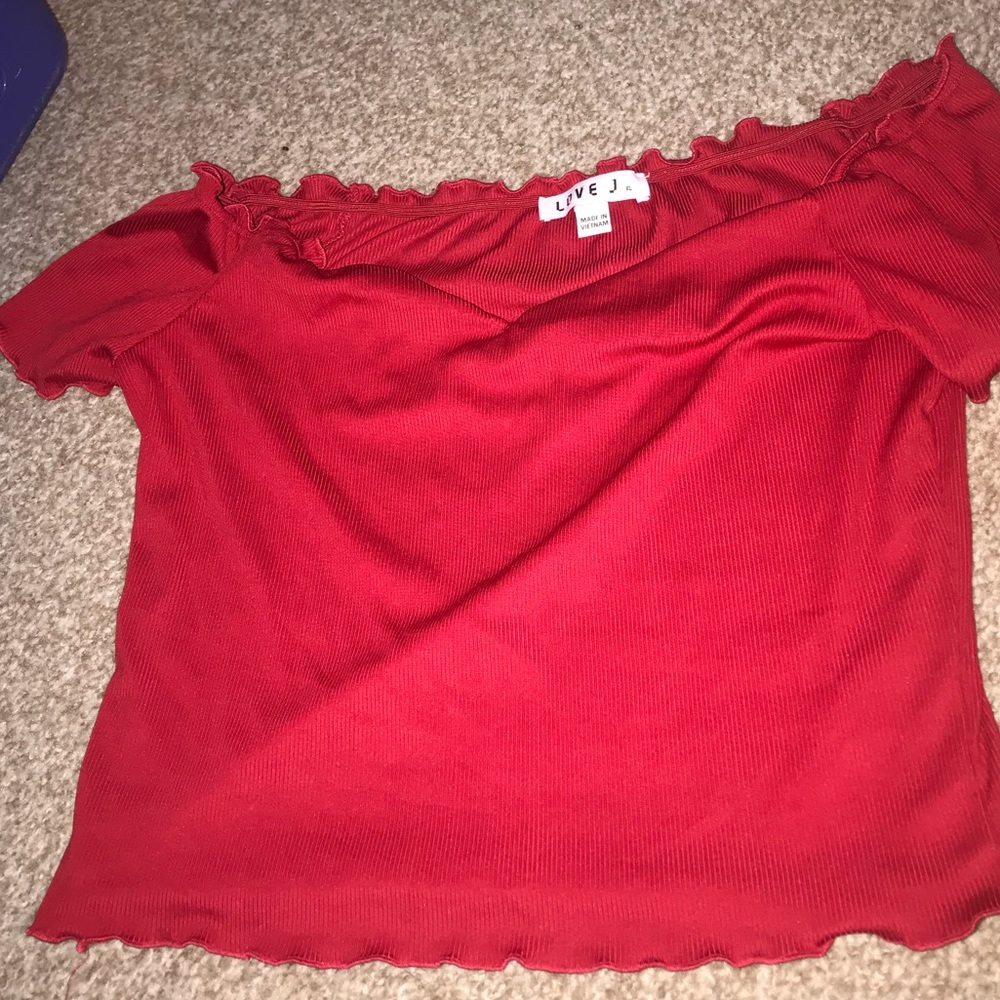Off The Shoulder Lettuce Edge Ribbed Shirt
